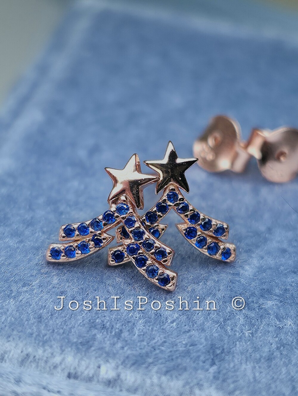 Rose Gold Over Silver Lab Sapphire Star Trail Stud Earrings
